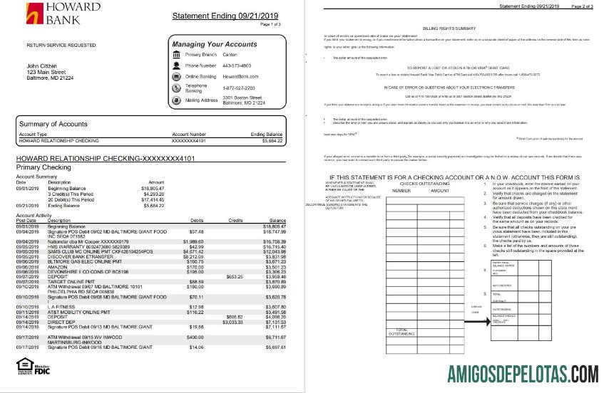 em branco EUA Maryland Howard Modelo de comprovante de endereço pessoal de extrato bancário em formato Word e PDF (4 páginas)